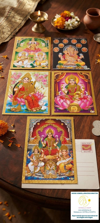 PACK CON 5 POSTALES DEIDADES Y SÍMBOLOS SAGRADOS INDIA PARA DAR ESE AIRE MÍSTICO Y EXÓTICO QUE ENRIQUECERÁ TU AMBIENTE.ENVÍO GRATIS SIN PEDIDO MÍNIMO.