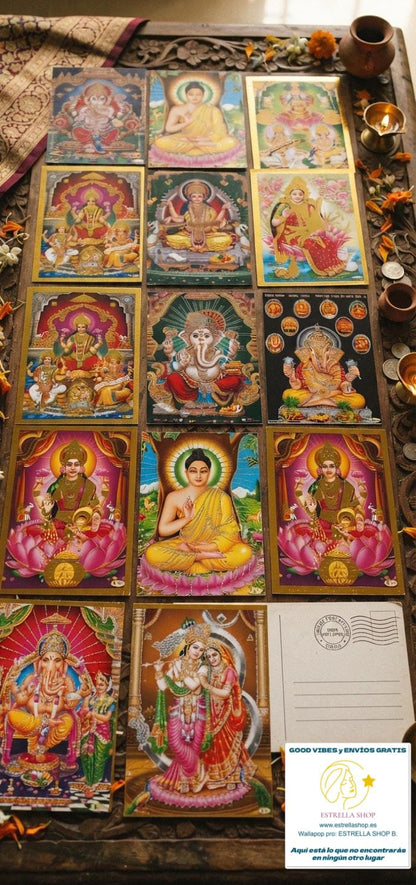 Cada postal de este pack de 5 postales deidades es una pieza decorativa que combina espiritualidad, tradición y un toque brillante. Con ilustraciones de dioses hindúes con símbolos sagrados, cada postal es una pequeña obra artesanal con acabados especiales que resaltan sobre cualquier superficie. Ideal como detalle decorativo o para regalar, este pack de postales aporta un aire místico y exótico que enriquecerá el ambiente de tu hogar o negocio.