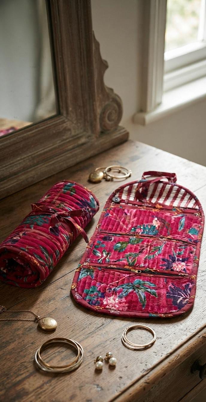 JOYERO PLEGABLE ORGANIZADO CON CREMALLERAS HECHO A MANO EN INDIA TEXTIL QUE CUENTA TU HISTORIA.ENVÓ GRATIS SIN PEDIDO MÍNIMO.