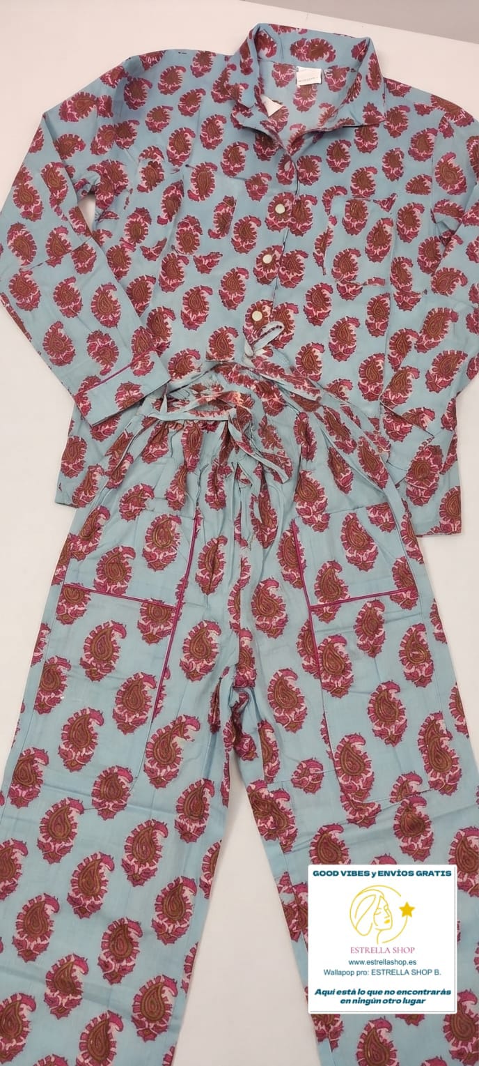 SET PIJAMA INDIA CACHEMIRA XXL DE ALGODÓN CONJUNTO ARTESANAL CON SU BOLSITA A JUEGO. ENVÍO GRATIS SIN PEDIDO MÍNIMO.