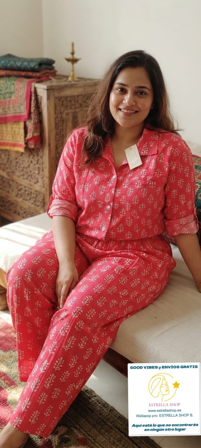 SET DE PIJAMA XXL ALGODÓN ARTESANAL INDIA MODELO JAIPUR CON SU BOLSITA PARA GUARDAR.ENVÍO GRATIS SIN PEDIDO MÍNIMO.