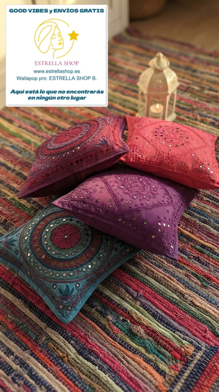 PACK 2 FUNDAS DE COJÍN ESPEJITOS MANDALA COLORES MAGIA INDIA AUTÉNTICA ARTESANÍA TEXTIL VIBRANTE Y COLORIDA.ENVÍO GRATIS SIN PEDIDO MÍNIMO.