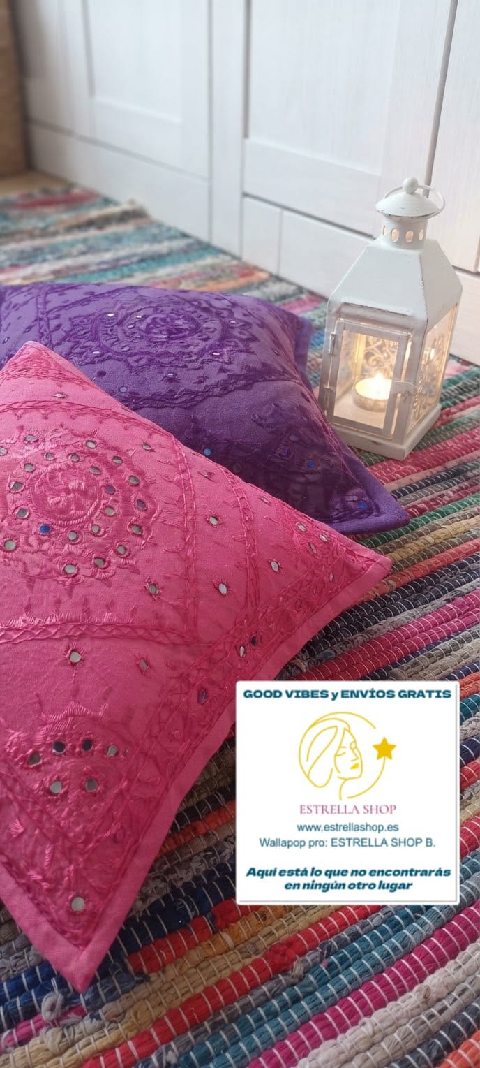 PACK 2 FUNDAS DE COJÍN CRISTALITOS BORDADO MAGIA INDIA AUTÉNTICA ARTESANÍA TEXTIL VIBRANTE Y COLORIDA.ENVÍO GRATIS SIN PEDIDO MÍNIMO.