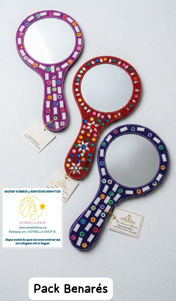 PACK DE 3 ESPEJOS HECHOS A MANO EN INDIA CON CRISTALITOS Y DECORACIÓN BELLA CON ALMA Y COLOR.ENVÍO GRATIS SIN PEDIDO MÍNIMO.