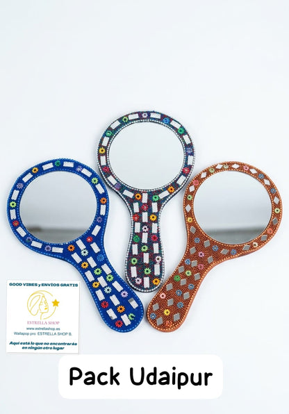 PACK DE 3 ESPEJOS HECHOS A MANO EN INDIA CON CRISTALITOS Y DECORACIÓN BELLA CON ALMA Y COLOR.ENVÍO GRATIS SIN PEDIDO MÍNIMO.