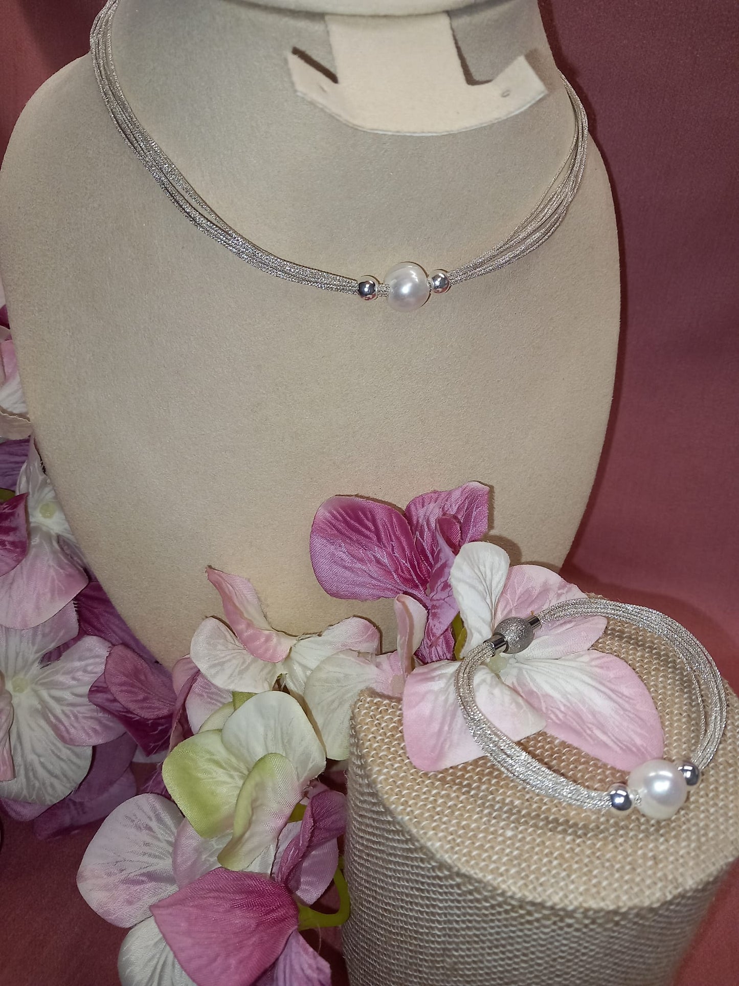 Set of Necklace + Bracelet SILVER 1st Law of 10 threads and cultured pearl.