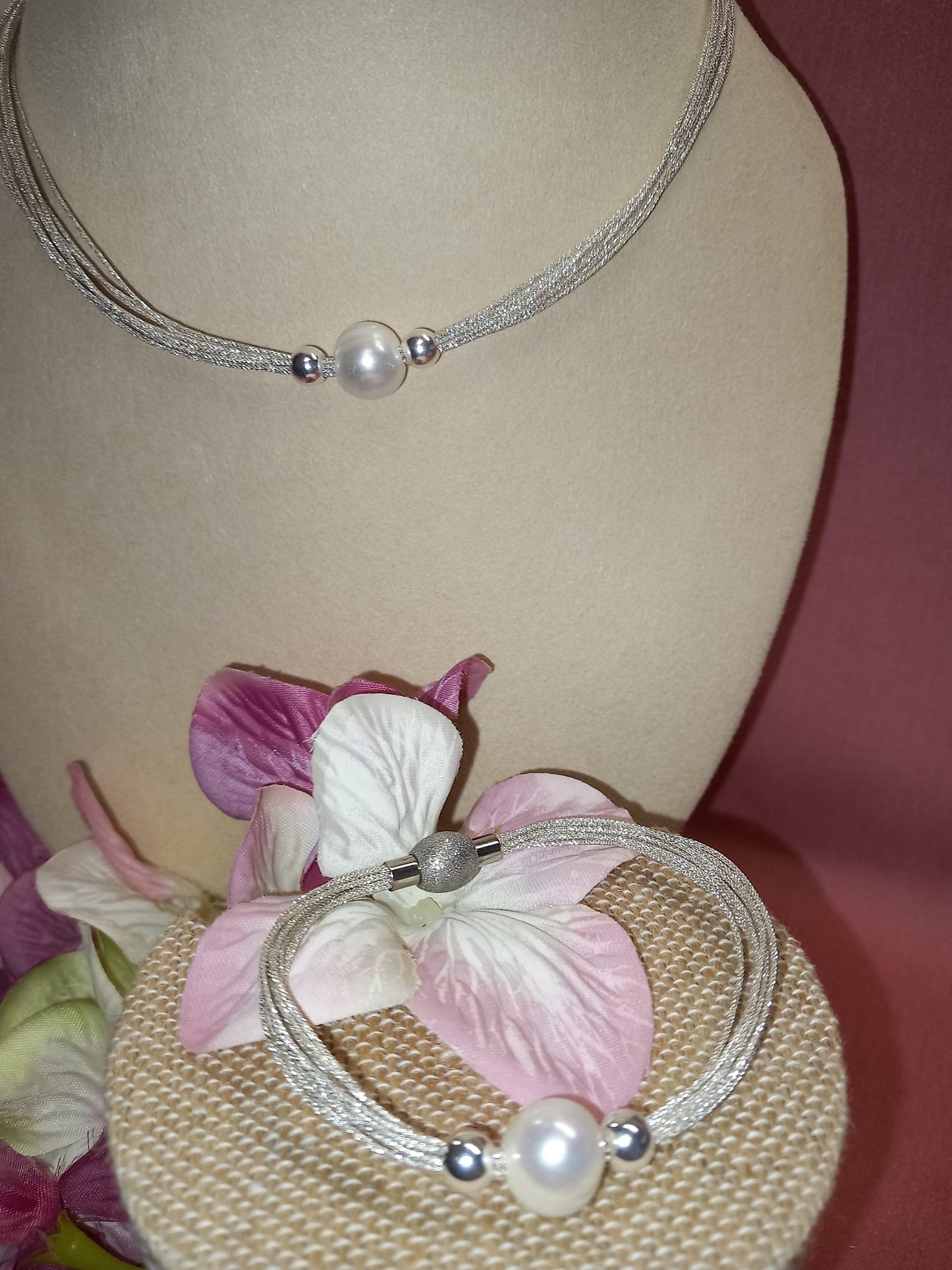 Set of Necklace + Bracelet SILVER 1st Law of 10 threads and cultured pearl.