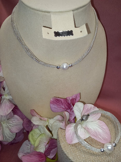 Set of Necklace + Bracelet SILVER 1st Law of 10 threads and cultured pearl.