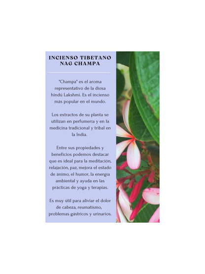 2 RAMILLETES LLENOS DE BARRAS DE INCIENSO DE 12CM X 4.5CM CADA UNA.INCLUYE PORTA INCIENSO PARA QUEMARLO.

El incienso más popular y espiritual del mundo. El incienso tibetano natural Nag Champa de Nepal es un aroma sagrado, asociado a la diosa hindú Laxmi, símbolo de la abundancia y la prosperidad. Elaborado con extractos naturales de la planta Champa, su fragancia es ideal para la meditación, la relajación y la armonización del ambiente.