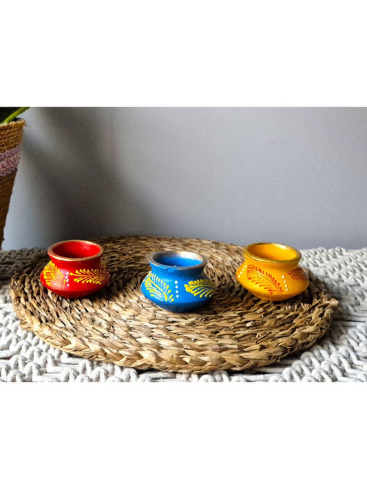 JUEGO DE 3 VELAS ARTESANAS TERRACOTA.UNA DE CADA COLOR.PRODUCTOR DECORATIVO CON ALMA.ENVÍO GRATIS SIN PEDIDO MÍNIMO.